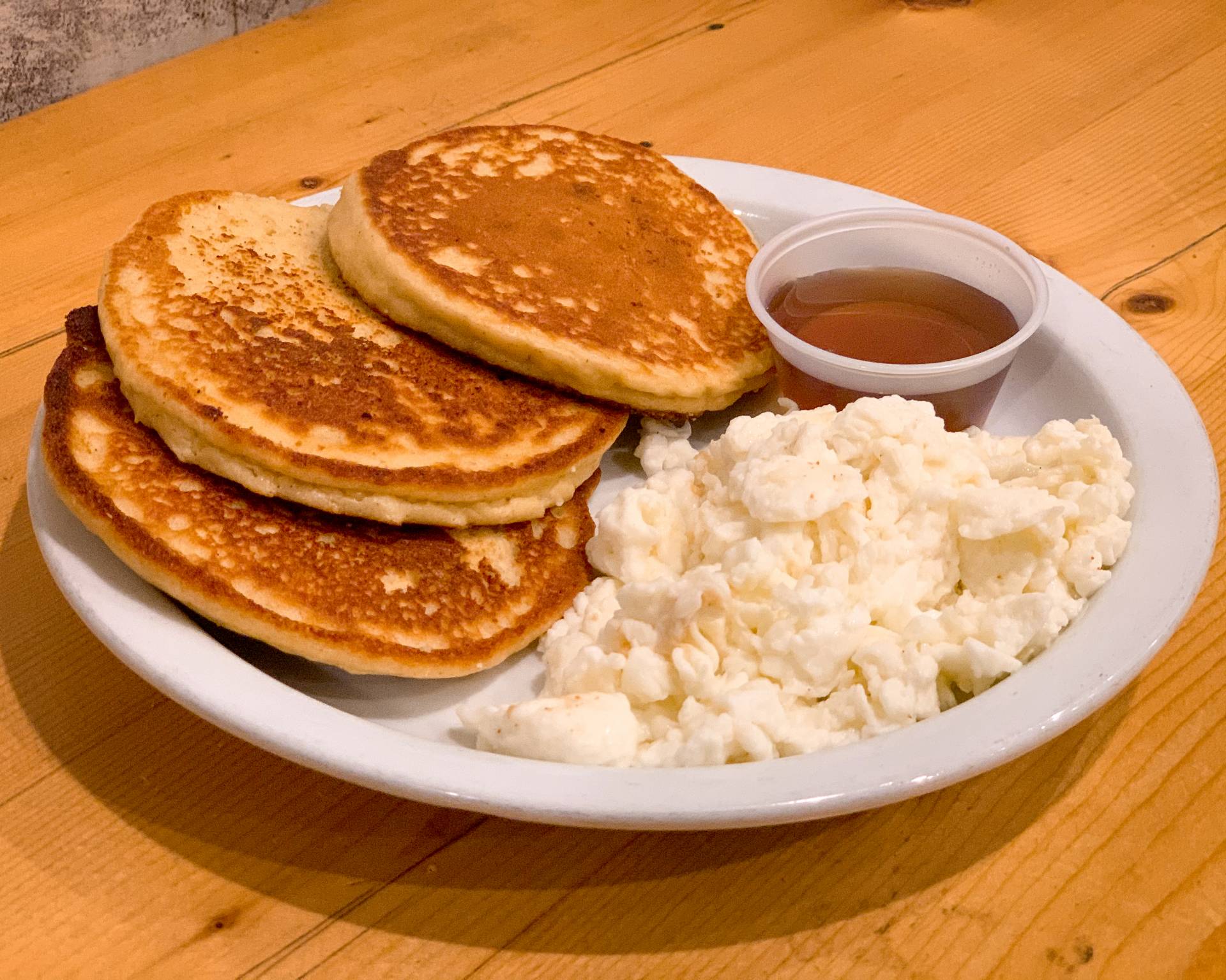 scrambled eggs and pancakes
